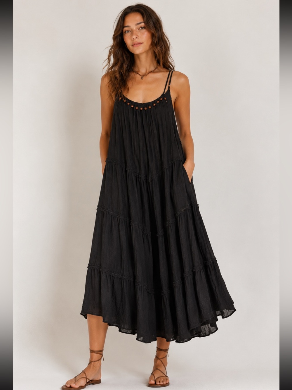 Isola Bella beaded layered swing black boho beach Rayon cotton maxi dress size M